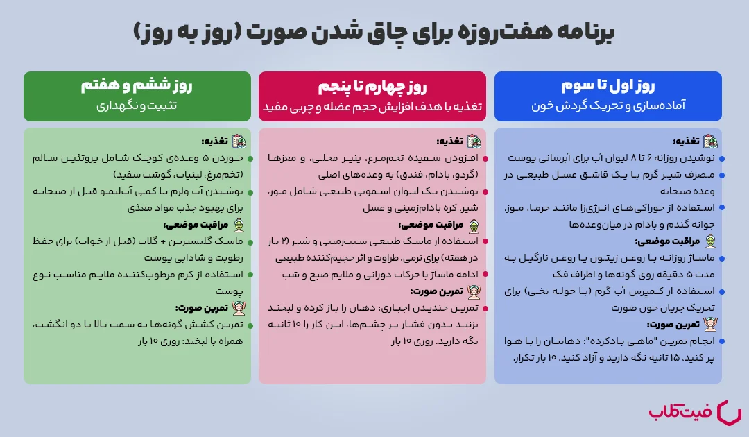 برای چهره چاق در یک هفته برنامه ریزی کنید 3 یک برنامه 7 روزه برای چاق شدن صورت (روز -روز)
